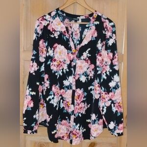 Torrid Button Down Blouse Black and Pink Flowered Print Size 2